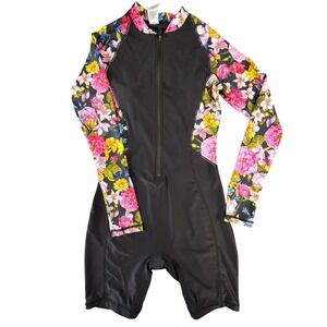 Halcurt Womens‎ Long Sleeve Floral Rash Guard One Piece Swimsuit Black Small S